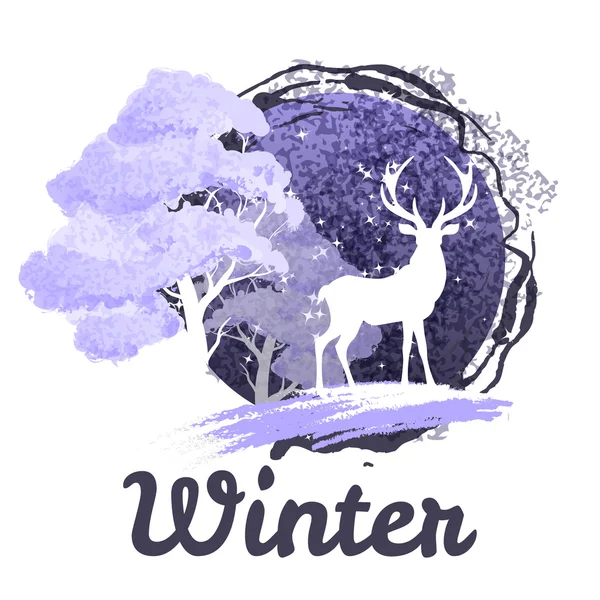 Concetto invernale gelido cervo di fronte all'albero coperto di neve — Vettoriale Stock