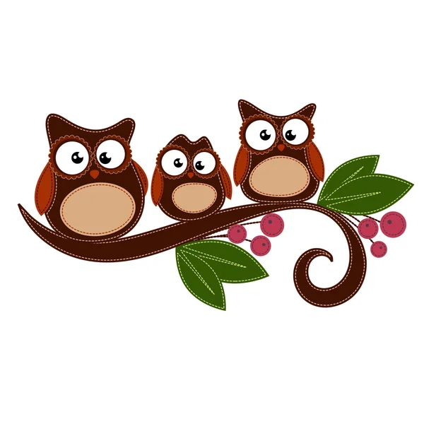 Owl family sitting on a tree branch — Stock Vector