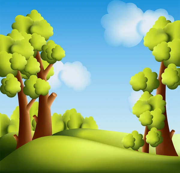 Paisagem de desenhos animados brilhante com árvores — Vetor de Stock