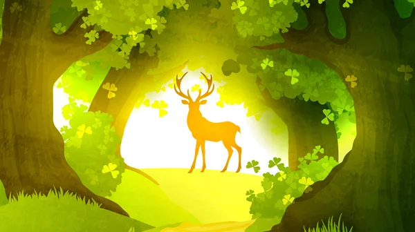 Deer in magic forest standing in front of rising sun — Stock Vector