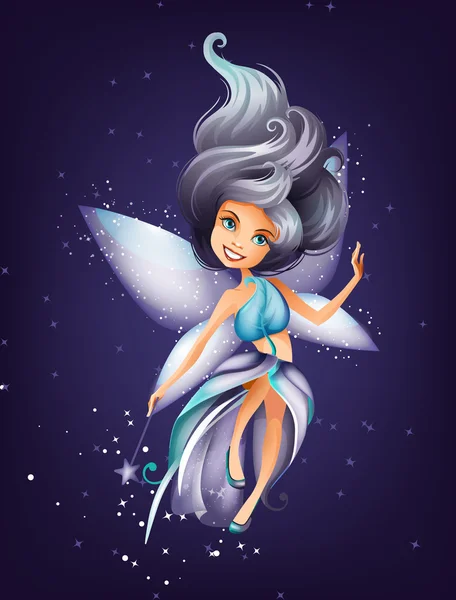 Cute colorful fairy character with magic wand and stars — Stock Vector