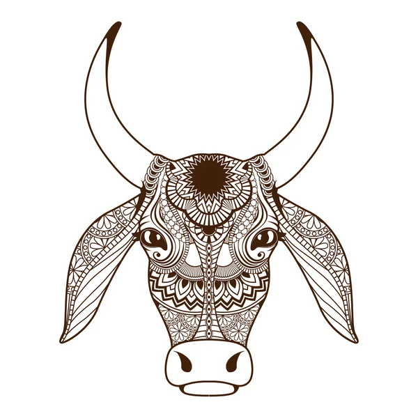 Cow head decorated with zentangle ornament — Stock Vector