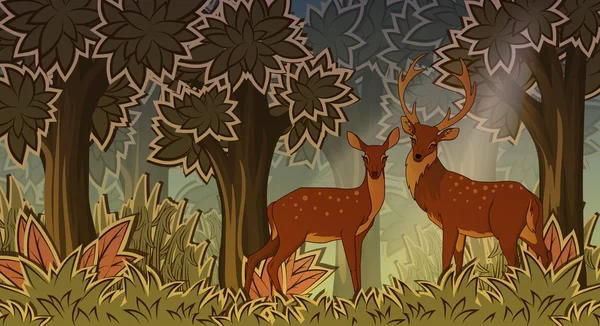 Dos ciervos en el bosque ilustración vectorial estilo de dibujos animados — Vector de stock