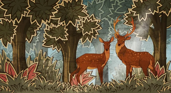 Two deers in forest cartoon style vector illustration — Stock Vector