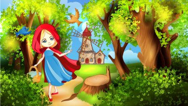 Red Riding Hood on the forest path clipart