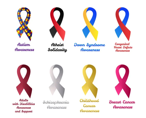 Conjunto de cintas de sensibilización: autismo, solidaridad atea, síndrome de Down, corazón congénito, defecto, apoyo a adultos con discapacidad, esquizofrenia, cáncer de mama — Archivo Imágenes Vectoriales