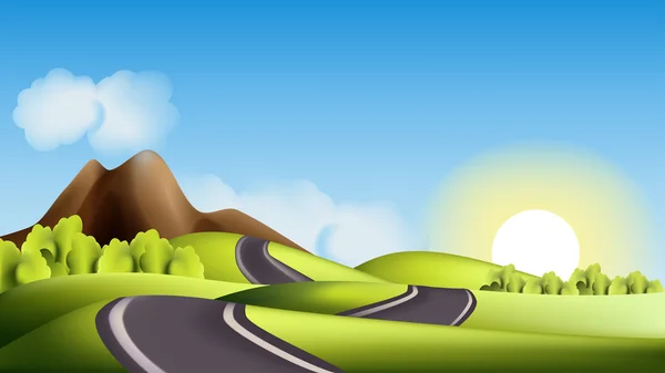 Krajina s kopci, silniční a slunce — Stockový vektor