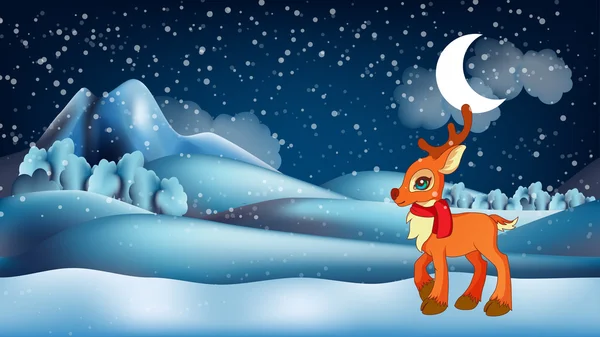 Roztomilý malý kreslený jelen nosit šátek před zimní krajina — Stockový vektor
