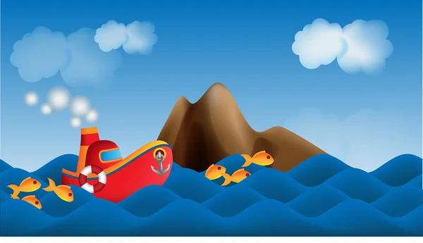 Parallaxe Cartoonschiff im Hintergrund des Meeres — Stockvektor