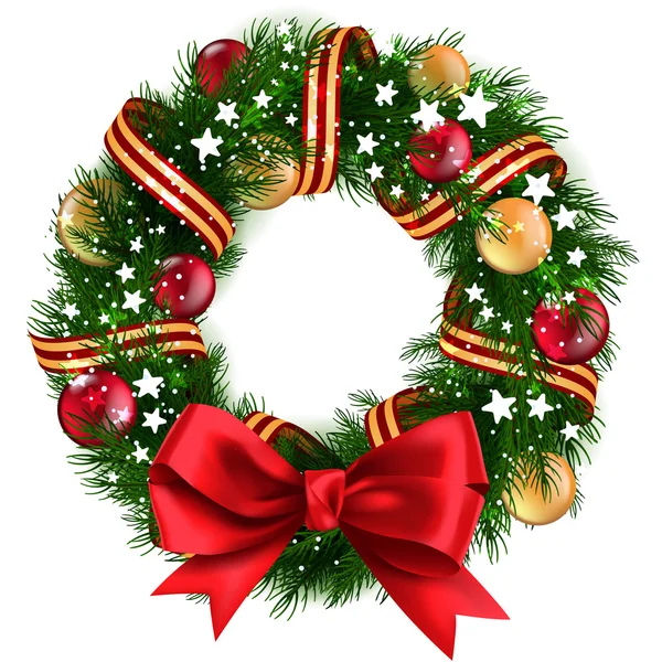 Christmas Wreath with ribbons, balls and bow isolated — Stock Vector
