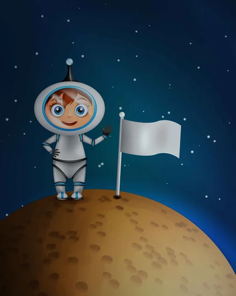 Astronaute en costume spatial debout sur la surface de la planète avec drapeau — Image vectorielle