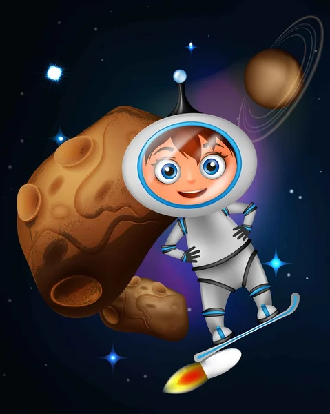 Carino l'astronauta dei cartoni animati che naviga sul jet board di fronte all'asteroide — Vettoriale Stock