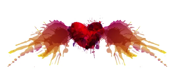 Corazón con alas hechas de salpicaduras grunge colorido — Vector de stock