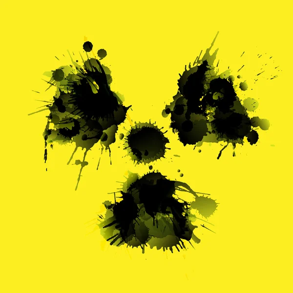 Grunge sıçramalarına Sarı zemin üzerine radyoaktivite tehlike işareti yapılmış — Stok Vektör