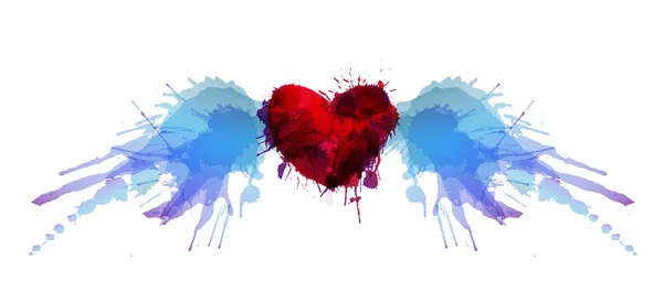 Coração com asas feitas de grunge colorido salpicos — Vetor de Stock