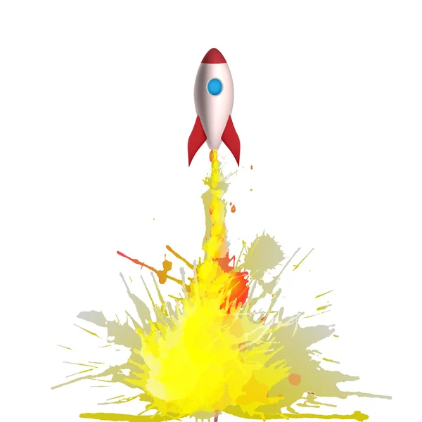 Kreslený raketa s plameny z barevné grunge šplouchání — Stockový vektor