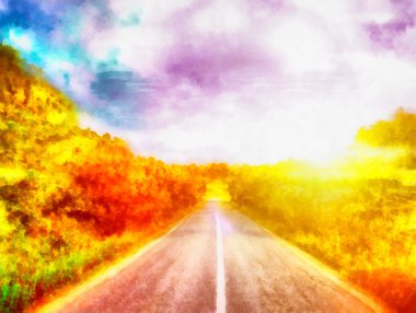Sunny landscape with road. Digital structure painting clipart