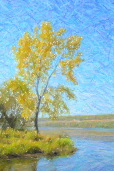 Autumn landscape. Yellow tree next to the river. — Stock Photo, Image