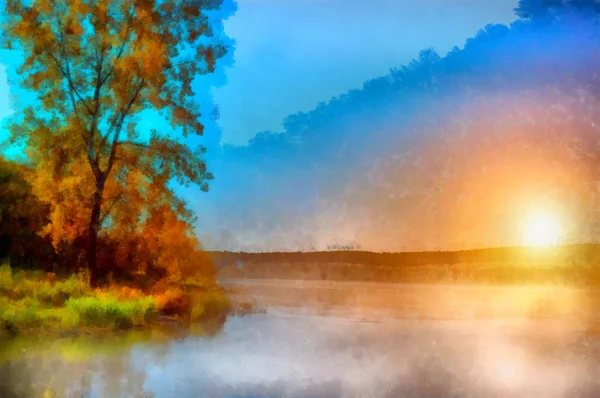 デジタルな絵画の構造。川沿いの日当たりの良い秋の風景 — ストック写真