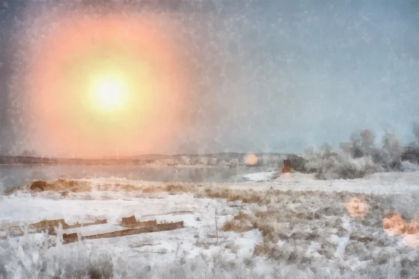 Puesta de sol sobre el río de la tarde de invierno en Siberia — Foto de Stock