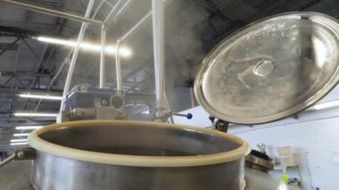 Bira fabrikasındaki bira demleme işlemi sırasında paslanmaz çelik tanktan buhar geliyor..