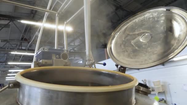 양조장에서 맥주를 양조하는 과정에서 스테인리스 스틸 탱크에서 증기가 나온다. — 비디오