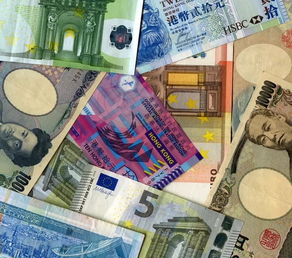 Achtergrond. YS, euro en hk dollars — Stockfoto