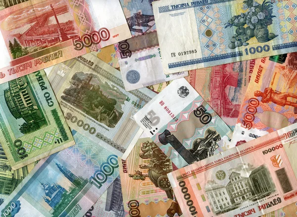 Antecedentes Rusia rublos y Bielorrusia rublos —  Fotos de Stock