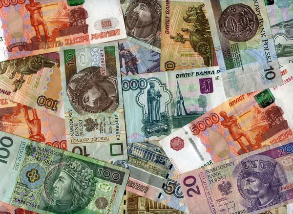 Hintergrund. Russischer Rubel und polnischer Zloty — Stockfoto