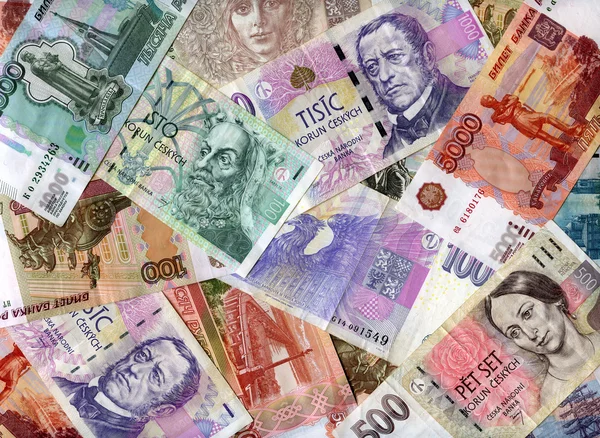 Background. Russian rubles and Czech koruns — Stock Photo, Image