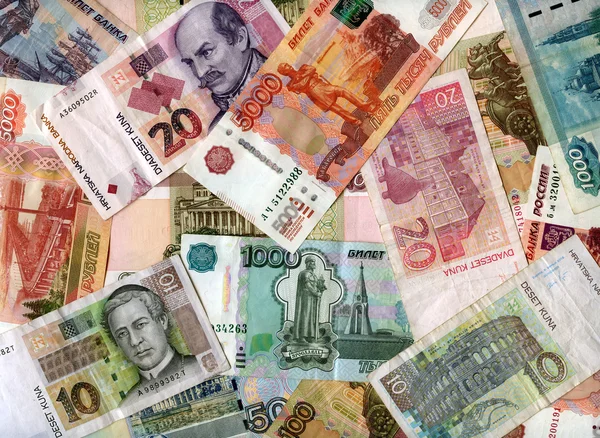 Background. Russian rubles and Croatian kunas — Stock Photo, Image