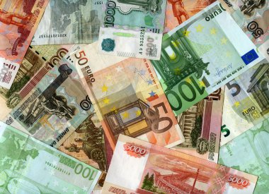Background. Euro banknotes and Russia rubles  clipart