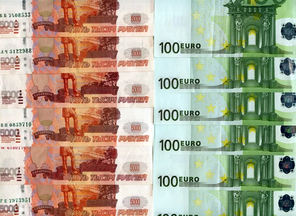 Antecedentes Billetes en euros y rublos de Rusia —  Fotos de Stock