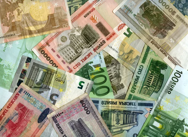 Background. Euro banknotes and Belarus currency (rubles) — Stock Photo, Image