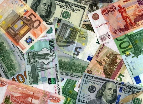 Achtergrond. Euro, Us dollars en Russische roebels — Stockfoto