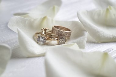 Beyaz gül yapraklarında altın yüzükler.