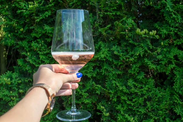 A glass of wine in woman\'s hand against a natural background. Close up.
