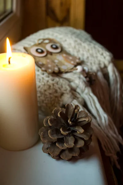 Burning Candle Christmas Decoration — Stock Photo, Image