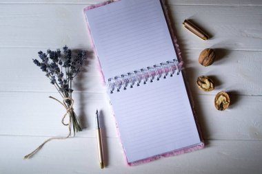 Düşen yapraklarla dekore edilmiş açık bir defter ve kalem. Kopya alanı ile atmosferik sonbahar arkaplanı.