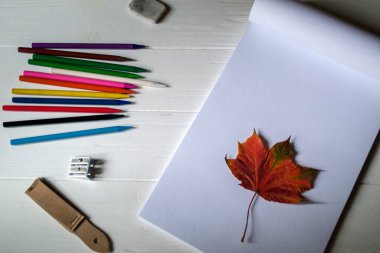 Boş çizim defteri, renkli kalemler, beyaz ahşap masaüstüne dökülen yaprakları çizmek için diğer ekipmanlar. Metin için yeri olan sanat arkaplanı.