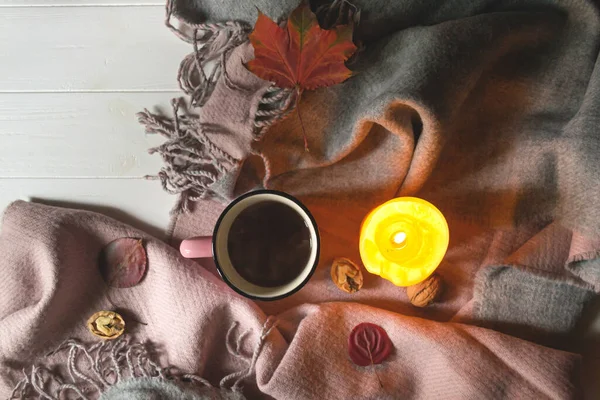 Cup Tea Warm Scarf Atmospheric Autumn Background Cozy Autumn — Stock Photo, Image