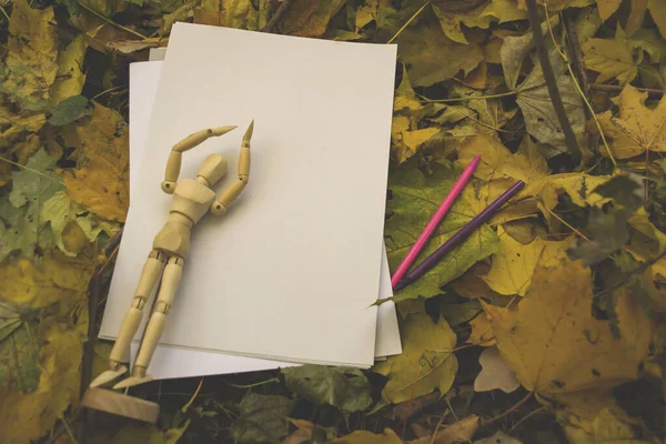 Biały Papier Ołówkiem Manekinem Rysowania Jesiennych Liściach Tło Przestrzenią Kopiowania — Zdjęcie stockowe