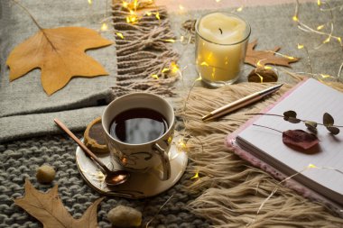 Masada bir fincan çay ve dekor var. Hygge tarzı. Kış hala hayat.