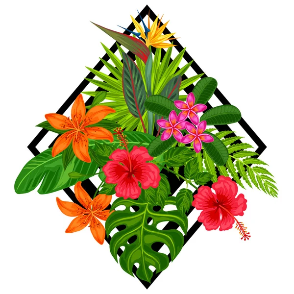 Background with stylized tropical plants, leaves and flowers. Image for advertising booklets, banners, flayers, cards, textile printing