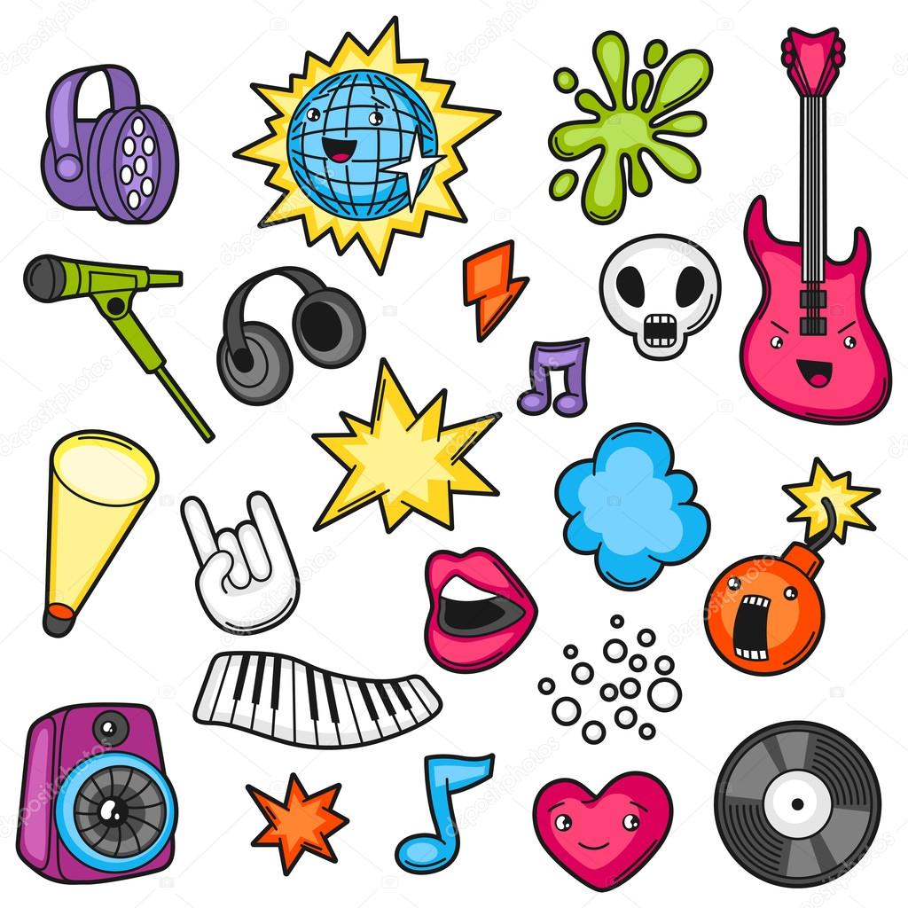 Music party kawaii set. Musical instruments, symbols and objects in