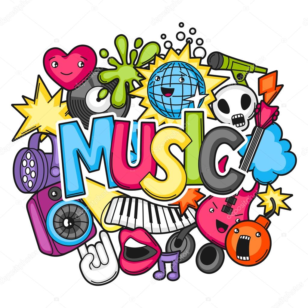 Disegno di kawaii del partito di musica Strumenti musicali simboli e og ti in stile