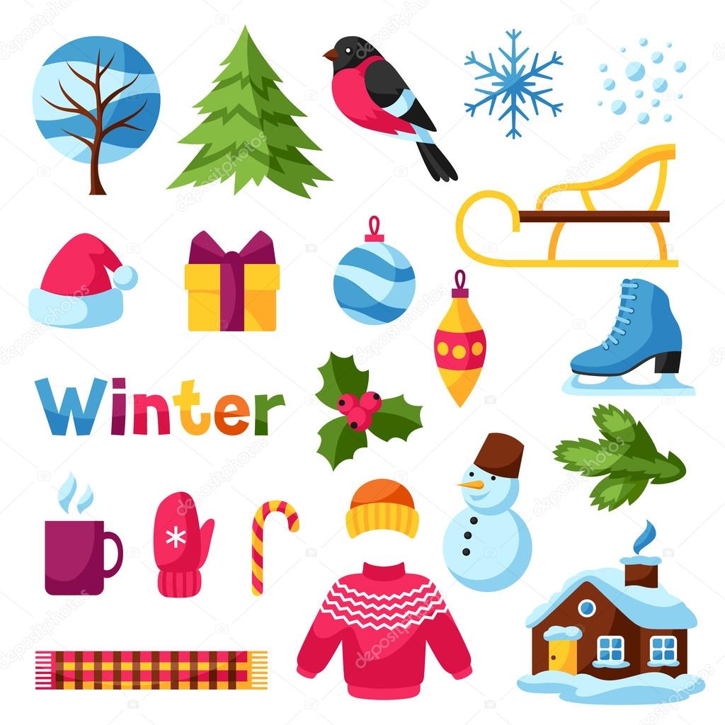 Set of winter objects. Merry Christmas, Happy New Year holiday items