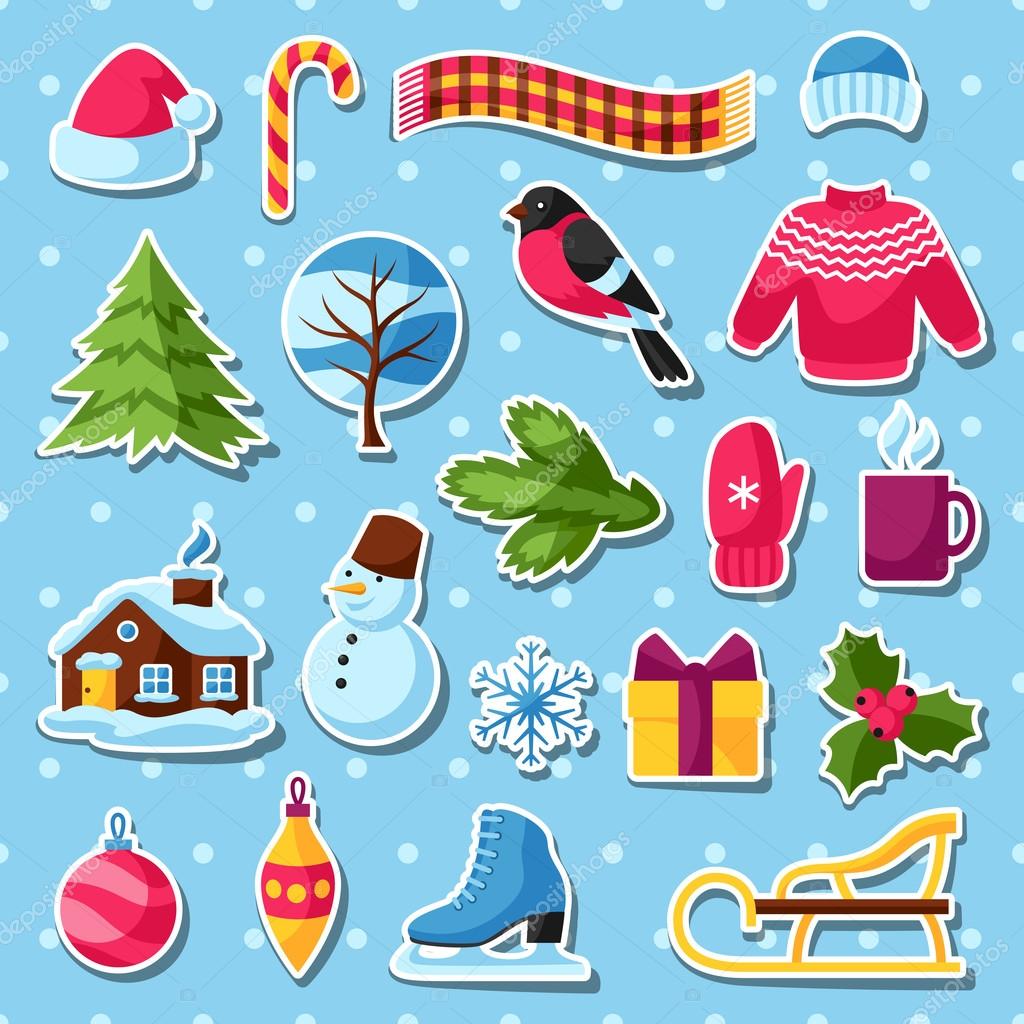 Set of winter stickers Merry Christmas Happy New Year holiday items and symbols — Wektor od in ible