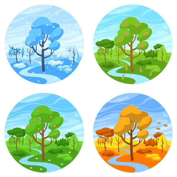 Four seasons landscape. Illustration with forest, trees and bushes in winter, spring, summer, autumn. Natural seasonal background.