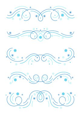 Winter linear dividers set. Holiday filigree borders with snowflakes. Swirl design for decoration.